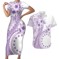 Kia Orana Cook Islands Couples Matching Short Sleeve Bodycon Dress and Hawaiian Shirt Tiare and Stars - Lavender LT7 Lavender - Polynesian Pride