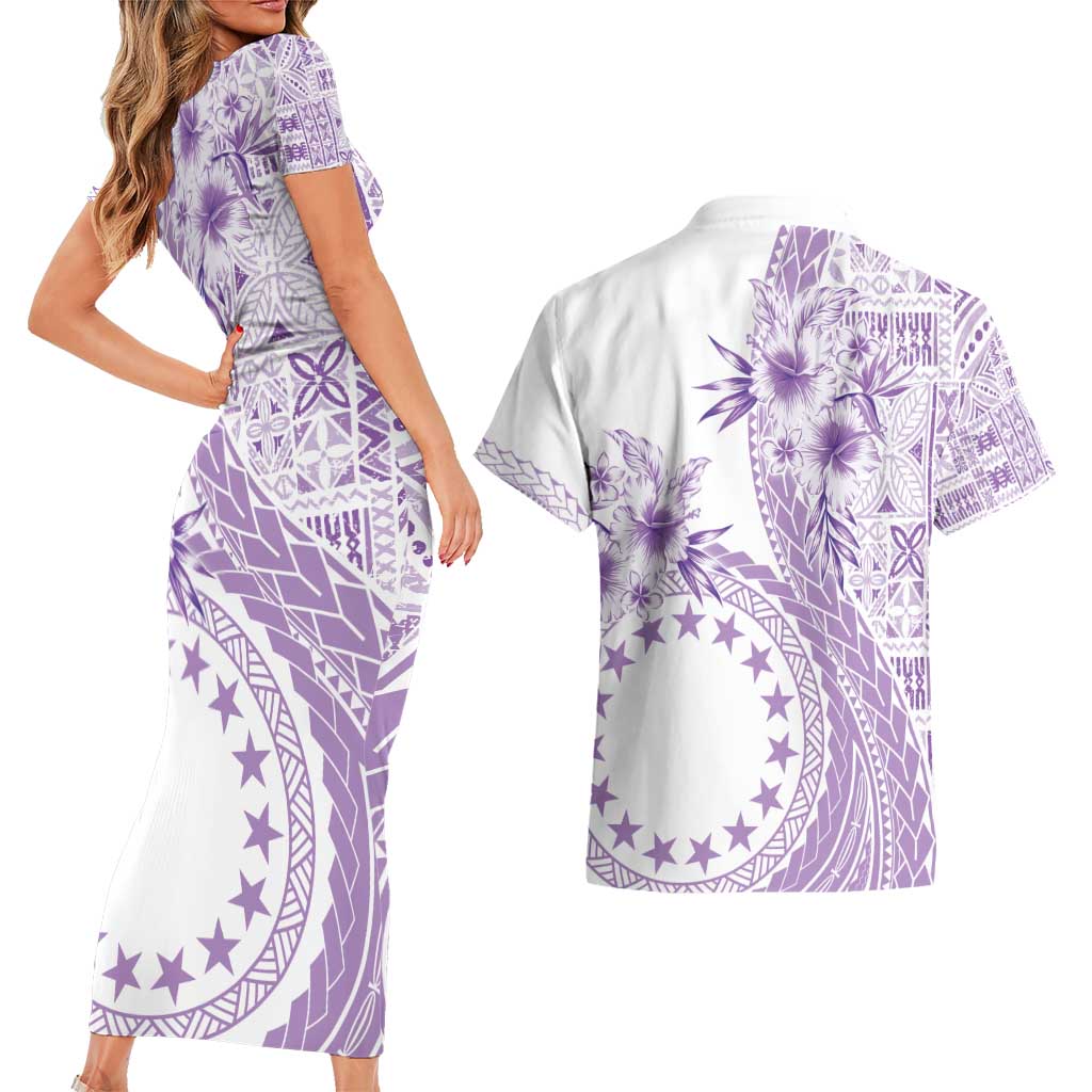 Kia Orana Cook Islands Couples Matching Short Sleeve Bodycon Dress and Hawaiian Shirt Tiare and Stars - Lavender LT7 - Polynesian Pride