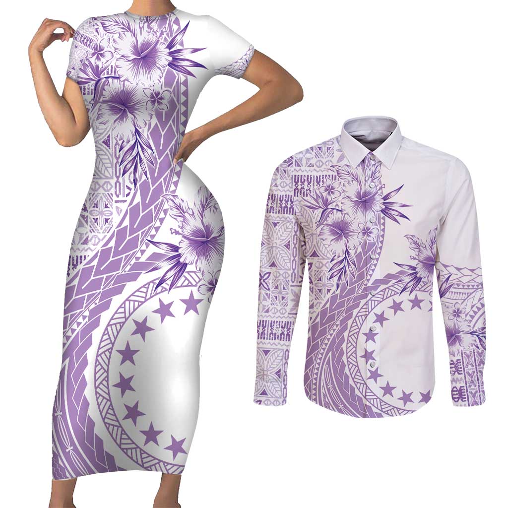 Kia Orana Cook Islands Couples Matching Short Sleeve Bodycon Dress and Long Sleeve Button Shirt Tiare and Stars - Lavender LT7 Lavender - Polynesian Pride