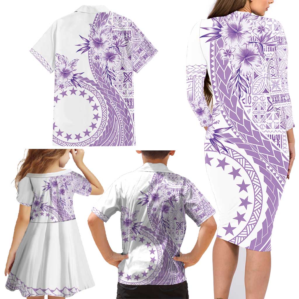 Kia Orana Cook Islands Family Matching Long Sleeve Bodycon Dress and Hawaiian Shirt Tiare and Stars - Lavender LT7 - Polynesian Pride