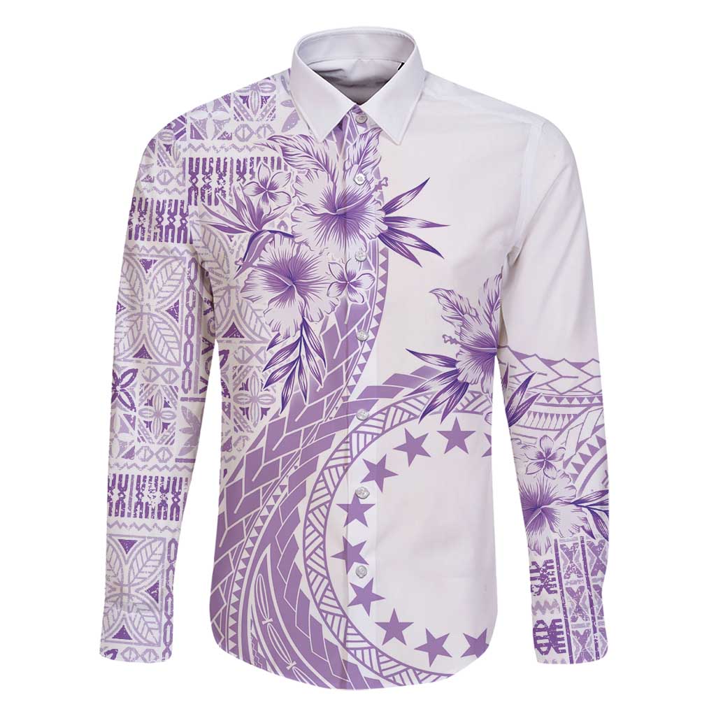 Kia Orana Cook Islands Family Matching Long Sleeve Bodycon Dress and Hawaiian Shirt Tiare and Stars - Lavender LT7 Dad's Shirt - Long Sleeve Lavender - Polynesian Pride