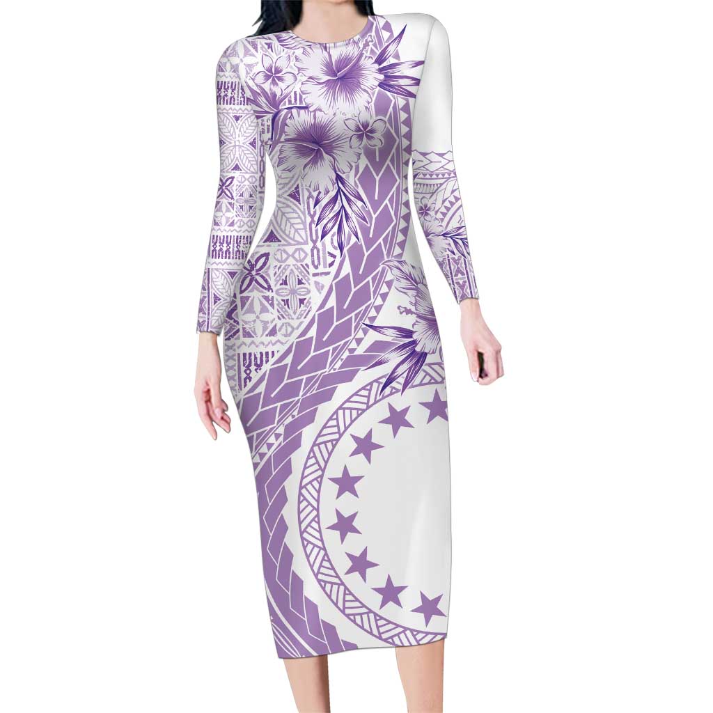 Kia Orana Cook Islands Family Matching Long Sleeve Bodycon Dress and Hawaiian Shirt Tiare and Stars - Lavender LT7 Mom's Dress Lavender - Polynesian Pride