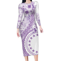 Kia Orana Cook Islands Family Matching Long Sleeve Bodycon Dress and Hawaiian Shirt Tiare and Stars - Lavender LT7 Mom's Dress Lavender - Polynesian Pride