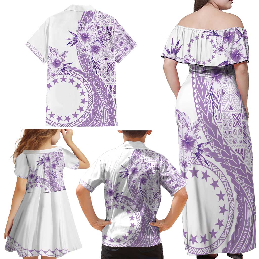 Kia Orana Cook Islands Family Matching Off Shoulder Maxi Dress and Hawaiian Shirt Tiare and Stars - Lavender LT7 - Polynesian Pride