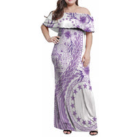 Kia Orana Cook Islands Family Matching Off Shoulder Maxi Dress and Hawaiian Shirt Tiare and Stars - Lavender LT7 Mom's Dress Lavender - Polynesian Pride
