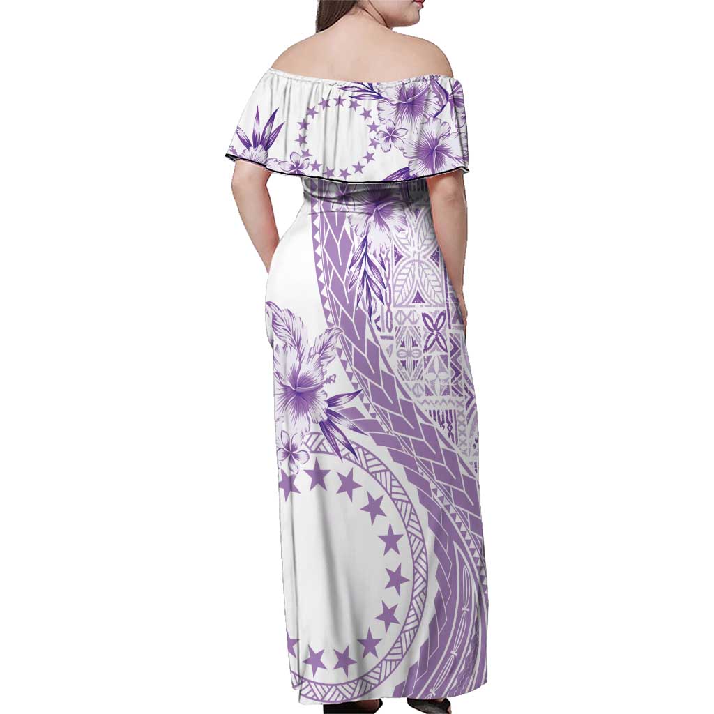 Kia Orana Cook Islands Family Matching Off Shoulder Maxi Dress and Hawaiian Shirt Tiare and Stars - Lavender LT7 - Polynesian Pride