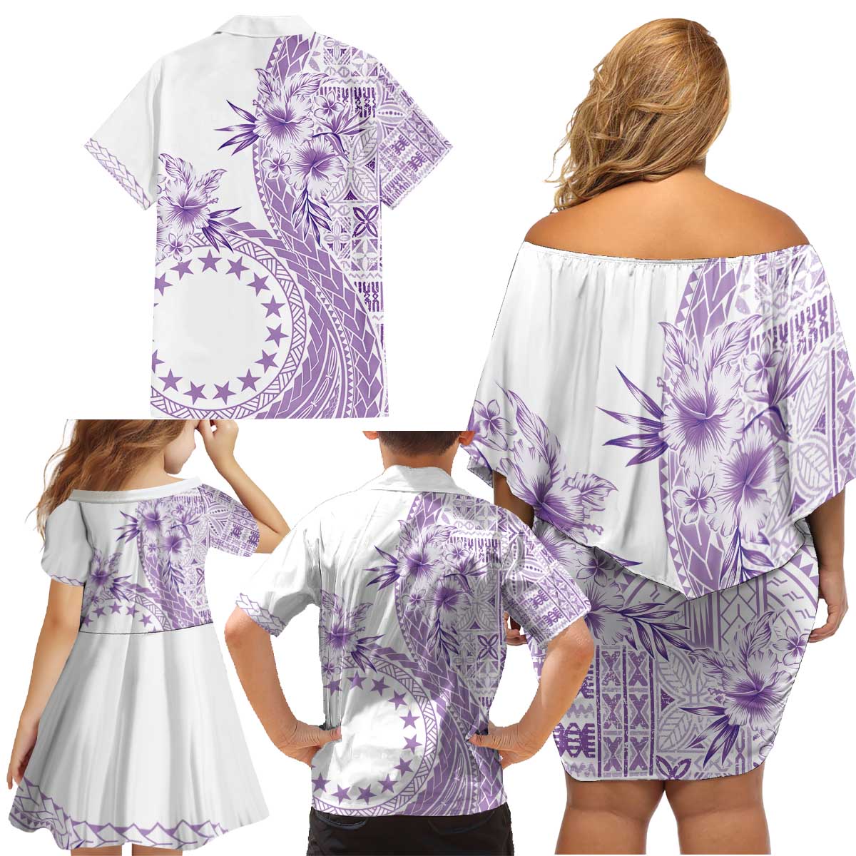 Kia Orana Cook Islands Family Matching Off Shoulder Short Dress and Hawaiian Shirt Tiare and Stars - Lavender LT7 - Polynesian Pride