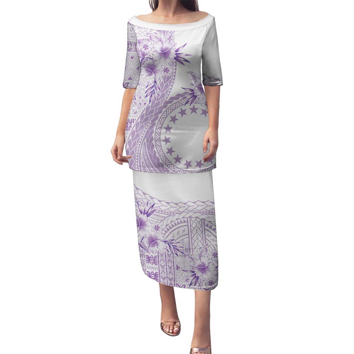 Kia Orana Cook Islands Family Matching Puletasi and Hawaiian Shirt Tiare and Stars - Lavender LT7 Mom's Dress Lavender - Polynesian Pride