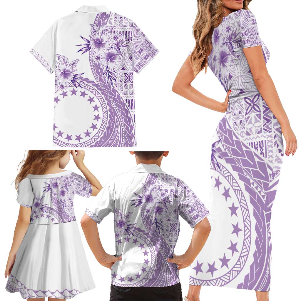 Kia Orana Cook Islands Family Matching Short Sleeve Bodycon Dress and Hawaiian Shirt Tiare and Stars - Lavender LT7 - Polynesian Pride
