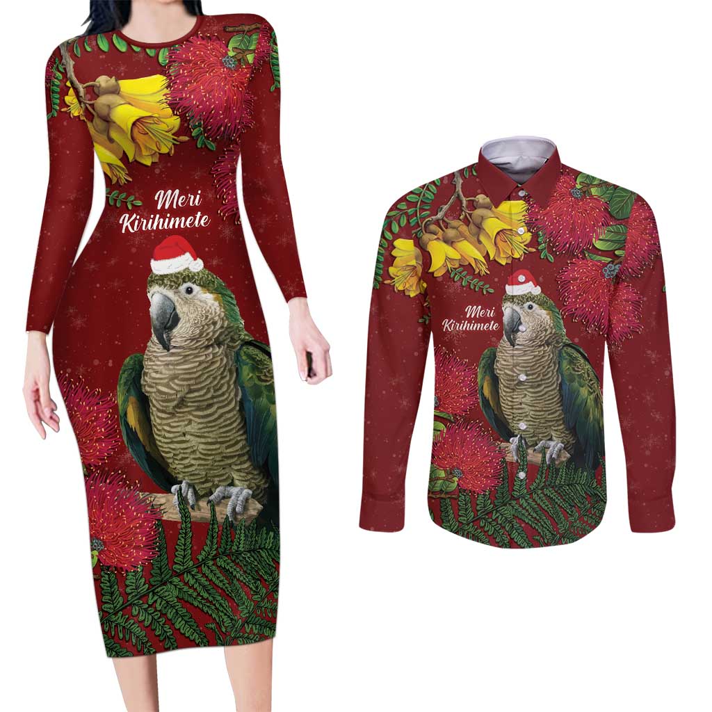Kakapo Bird New Zealand Couples Matching Long Sleeve Bodycon Dress and Long Sleeve Button Shirt Floral Christmas LT7 Red - Polynesian Pride