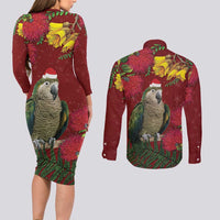 Kakapo Bird New Zealand Couples Matching Long Sleeve Bodycon Dress and Long Sleeve Button Shirt Floral Christmas LT7 - Polynesian Pride