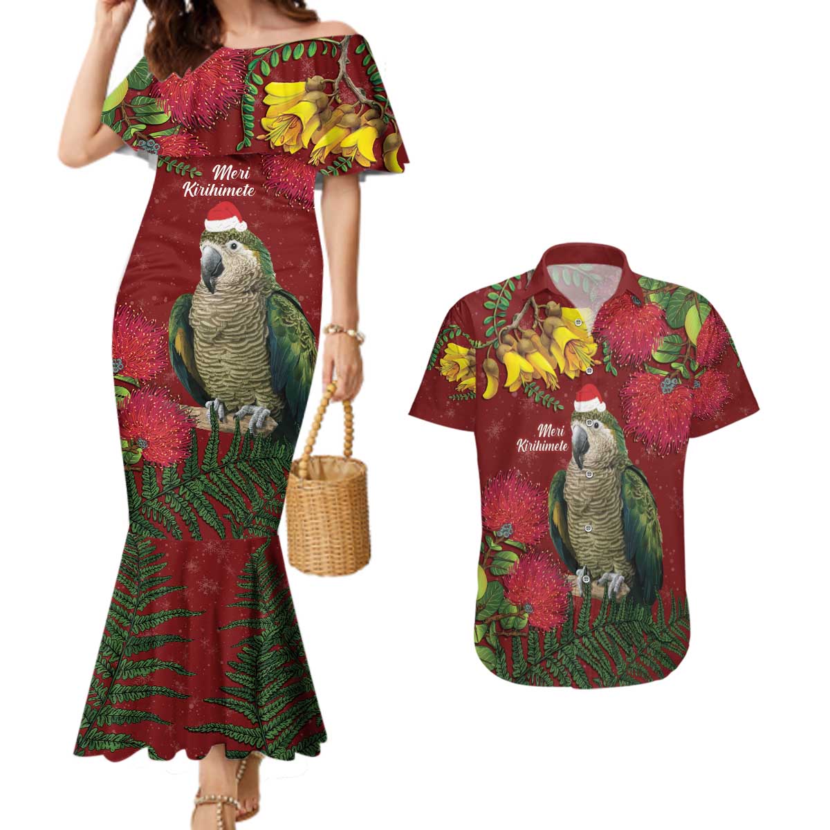 Kakapo Bird New Zealand Couples Matching Mermaid Dress and Hawaiian Shirt Floral Christmas LT7 Red - Polynesian Pride