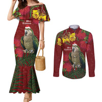 Kakapo Bird New Zealand Couples Matching Mermaid Dress and Long Sleeve Button Shirt Floral Christmas LT7 Red - Polynesian Pride