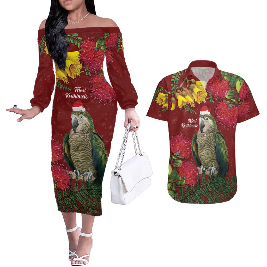 Kakapo Bird New Zealand Couples Matching Off The Shoulder Long Sleeve Dress and Hawaiian Shirt Floral Christmas LT7 Red - Polynesian Pride