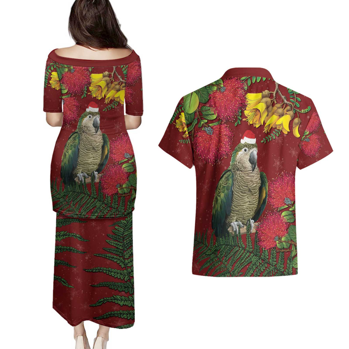 Kakapo Bird New Zealand Couples Matching Puletasi and Hawaiian Shirt Floral Christmas LT7 - Polynesian Pride
