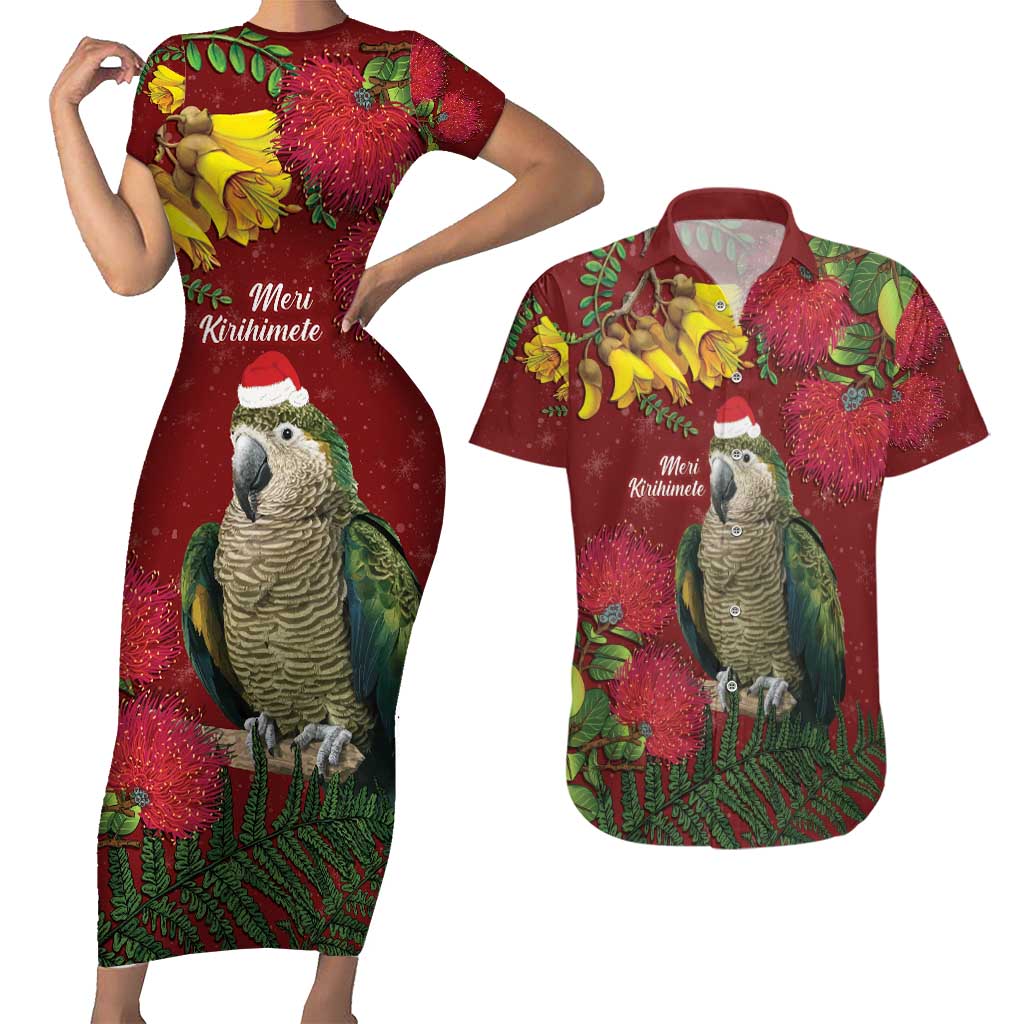 Kakapo Bird New Zealand Couples Matching Short Sleeve Bodycon Dress and Hawaiian Shirt Floral Christmas LT7 Red - Polynesian Pride