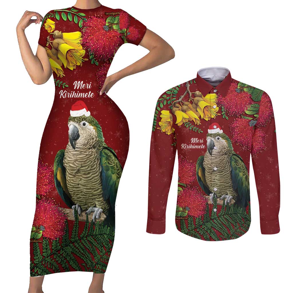 Kakapo Bird New Zealand Couples Matching Short Sleeve Bodycon Dress and Long Sleeve Button Shirt Floral Christmas LT7 Red - Polynesian Pride