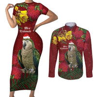 Kakapo Bird New Zealand Couples Matching Short Sleeve Bodycon Dress and Long Sleeve Button Shirt Floral Christmas LT7 Red - Polynesian Pride