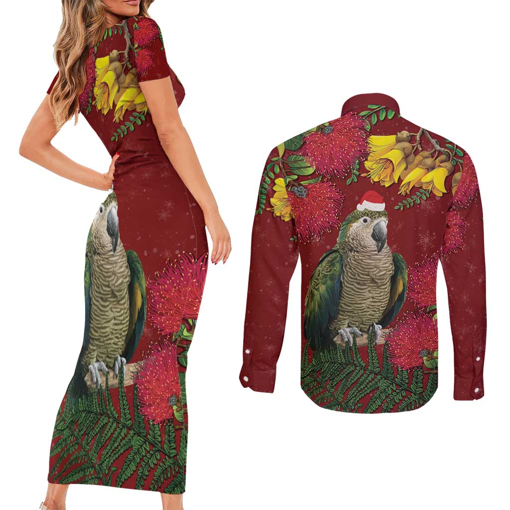 Kakapo Bird New Zealand Couples Matching Short Sleeve Bodycon Dress and Long Sleeve Button Shirt Floral Christmas LT7 - Polynesian Pride