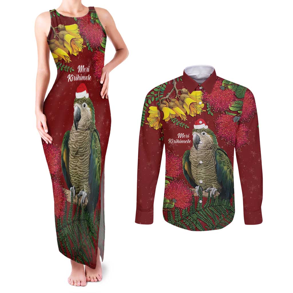 Kakapo Bird New Zealand Couples Matching Tank Maxi Dress and Long Sleeve Button Shirt Floral Christmas LT7 Red - Polynesian Pride