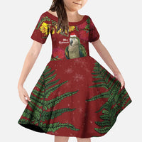 Kakapo Bird New Zealand Family Matching Long Sleeve Bodycon Dress and Hawaiian Shirt Floral Christmas LT7 Daughter's Dress Red - Polynesian Pride