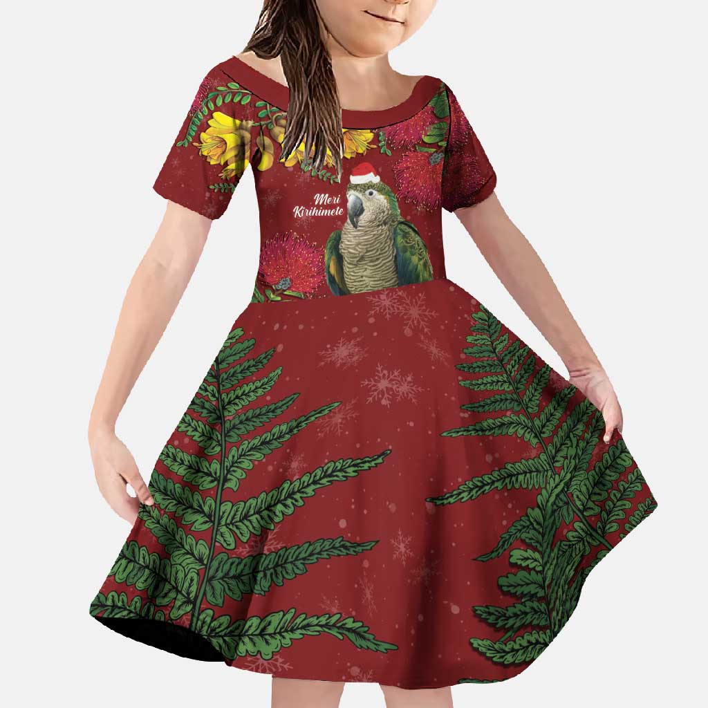 Kakapo Bird New Zealand Family Matching Mermaid Dress and Hawaiian Shirt Floral Christmas LT7 Daughter's Dress Red - Polynesian Pride