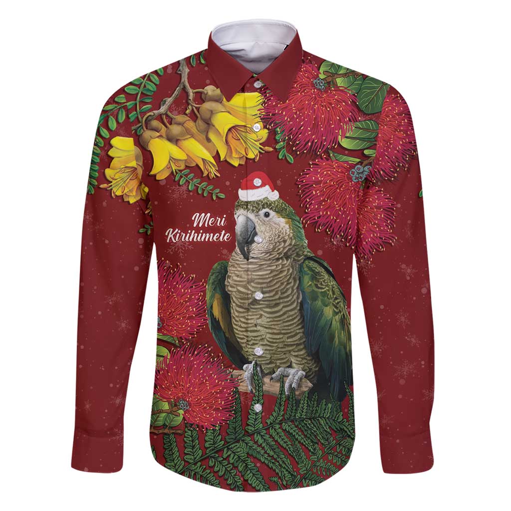 Kakapo Bird New Zealand Family Matching Mermaid Dress and Hawaiian Shirt Floral Christmas LT7 Dad's Shirt - Long Sleeve Red - Polynesian Pride
