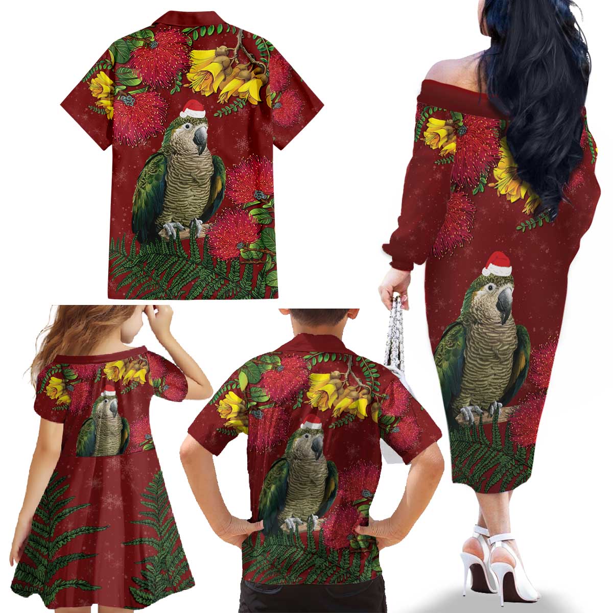 Kakapo Bird New Zealand Family Matching Off The Shoulder Long Sleeve Dress and Hawaiian Shirt Floral Christmas LT7 - Polynesian Pride