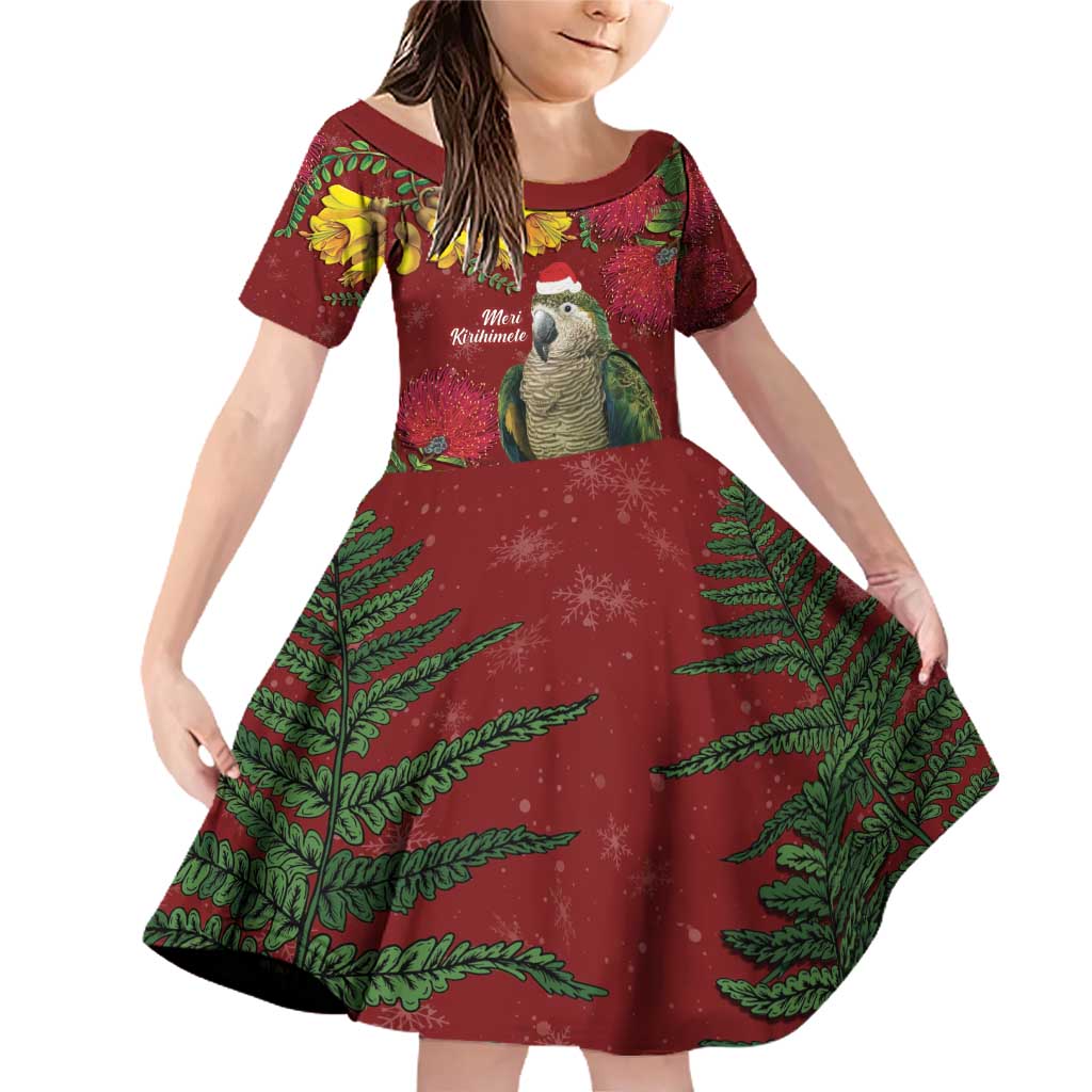 Kakapo Bird New Zealand Family Matching Off Shoulder Short Dress and Hawaiian Shirt Floral Christmas LT7 Daughter's Dress Red - Polynesian Pride