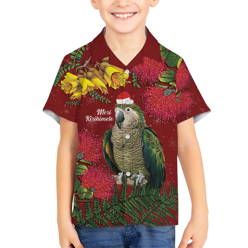 Kakapo Bird New Zealand Family Matching Tank Maxi Dress and Hawaiian Shirt Floral Christmas LT7 Son's Shirt Red - Polynesian Pride