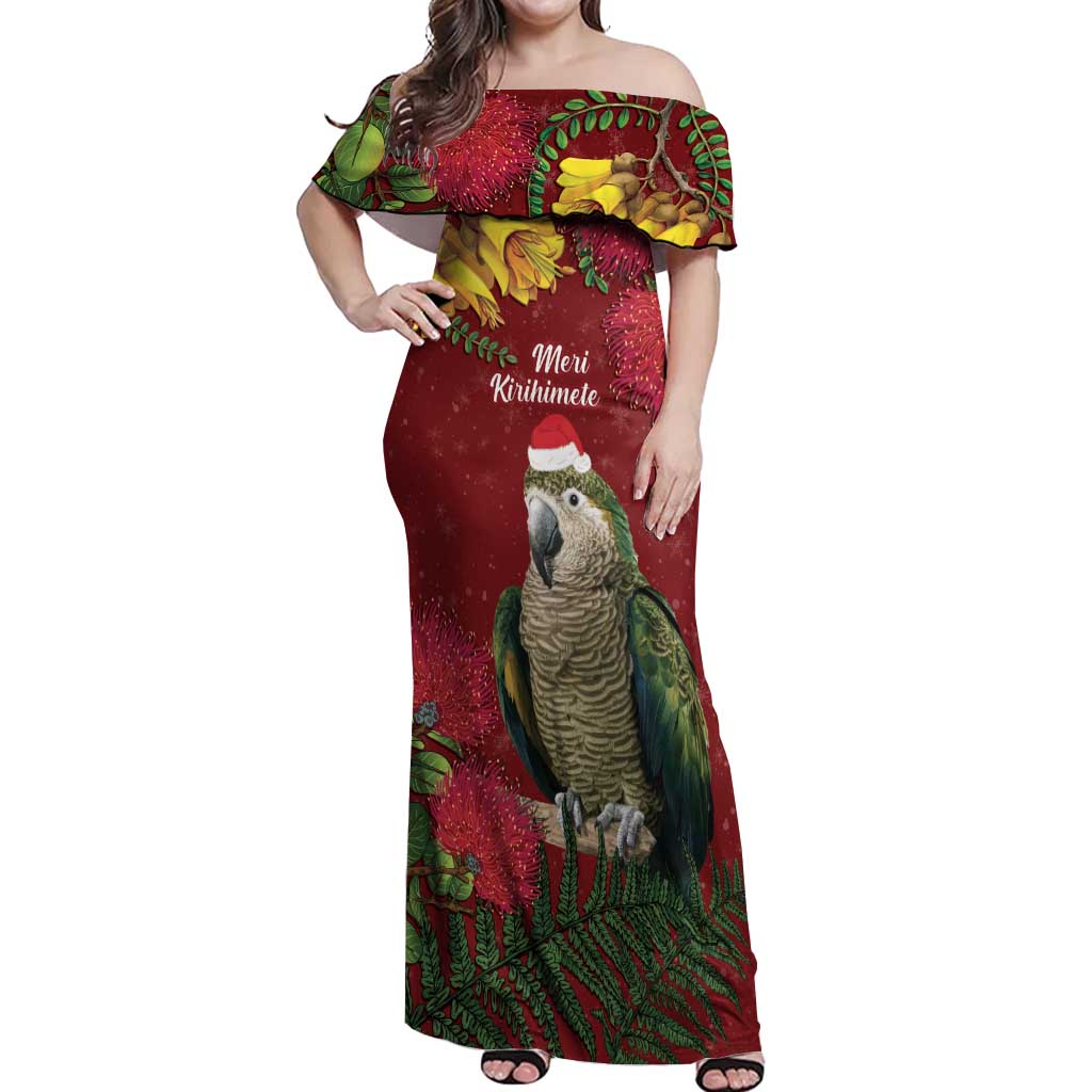 Kakapo Bird New Zealand Off Shoulder Maxi Dress Floral Christmas LT7 Women Red - Polynesian Pride