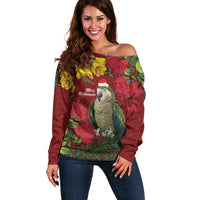 Kakapo Bird New Zealand Off Shoulder Sweater Floral Christmas LT7 Women Red - Polynesian Pride