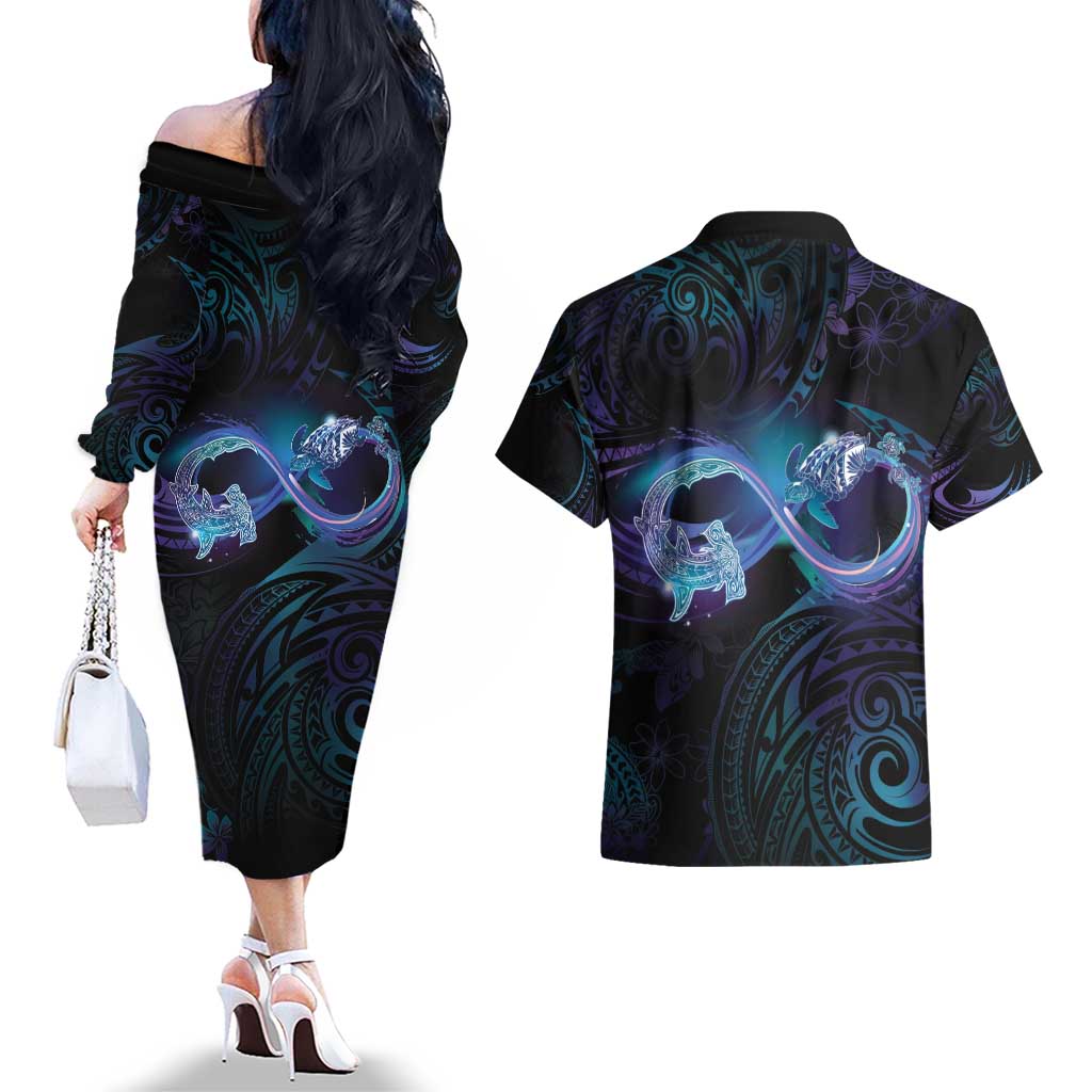Polynesian Personalized Memorial Couples Matching Off The Shoulder Long Sleeve Dress and Hawaiian Shirt Oceanic Infinity Symbol - Until We Meet Again - Polynesian Pride