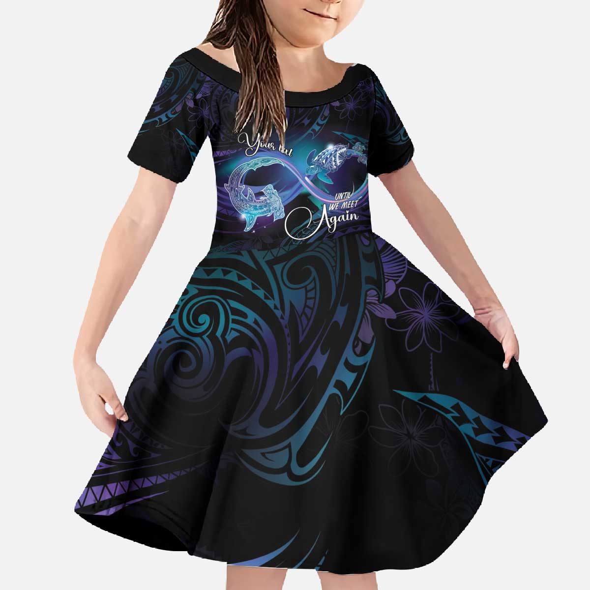 Polynesian Personalized Memorial Family Matching Off The Shoulder Long Sleeve Dress and Hawaiian Shirt Oceanic Infinity Symbol - Until We Meet Again LT7 Daughter's Dress Black - Polynesian Pride
