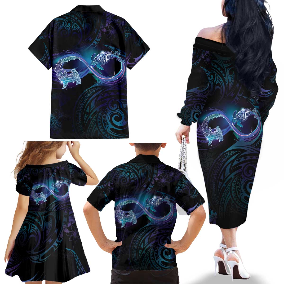 Polynesian Personalized Memorial Family Matching Off The Shoulder Long Sleeve Dress and Hawaiian Shirt Oceanic Infinity Symbol - Until We Meet Again LT7 - Polynesian Pride