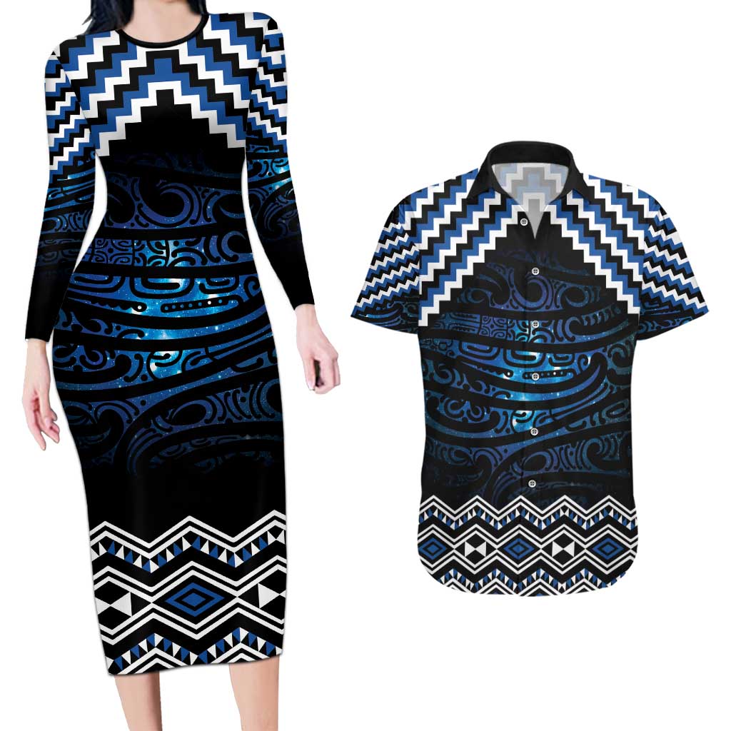 New Zealand Matariki Couples Matching Long Sleeve Bodycon Dress and Hawaiian Shirt Galaxy Styled Taniko LT7 Blue - Polynesian Pride