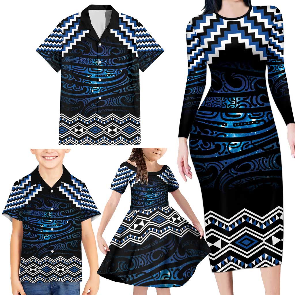 New Zealand Matariki Family Matching Long Sleeve Bodycon Dress and Hawaiian Shirt Galaxy Styled Taniko LT7 - Polynesian Pride
