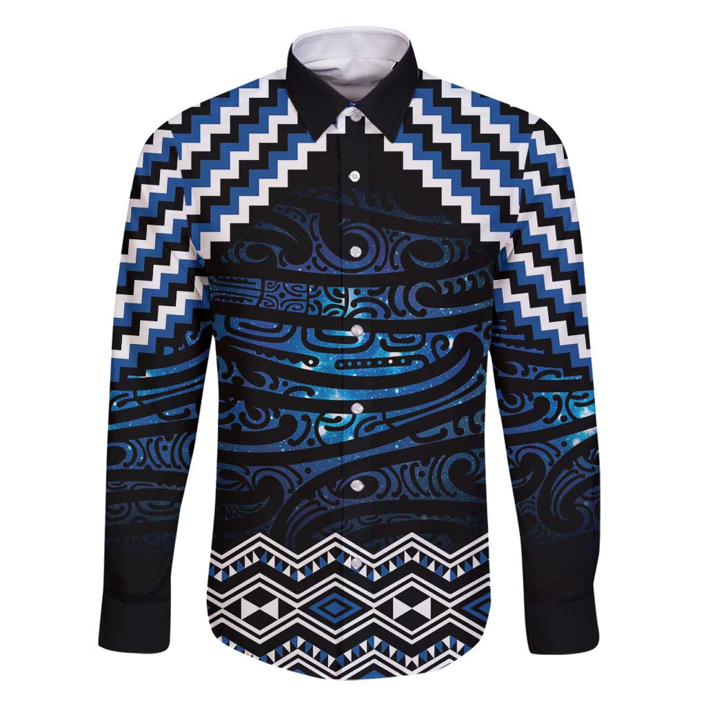 New Zealand Matariki Family Matching Mermaid Dress and Hawaiian Shirt Galaxy Styled Taniko LT7 Dad's Shirt - Long Sleeve Blue - Polynesian Pride