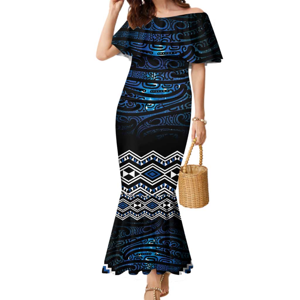 New Zealand Matariki Family Matching Mermaid Dress and Hawaiian Shirt Galaxy Styled Taniko LT7 Mom's Dress Blue - Polynesian Pride