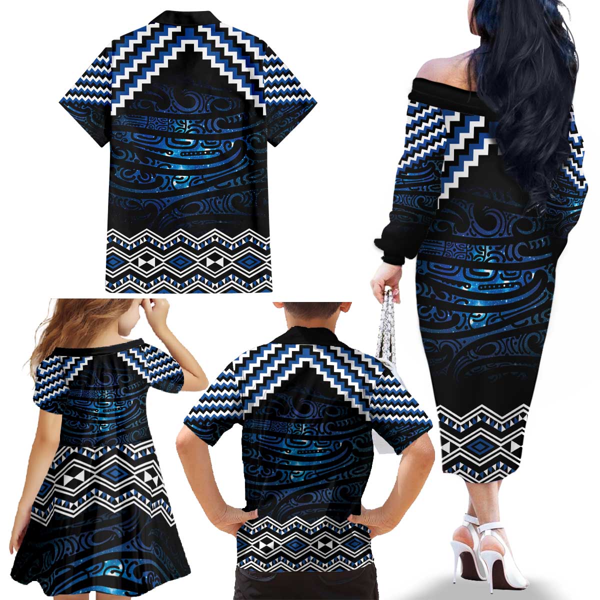 New Zealand Matariki Family Matching Off The Shoulder Long Sleeve Dress and Hawaiian Shirt Galaxy Styled Taniko LT7 - Polynesian Pride