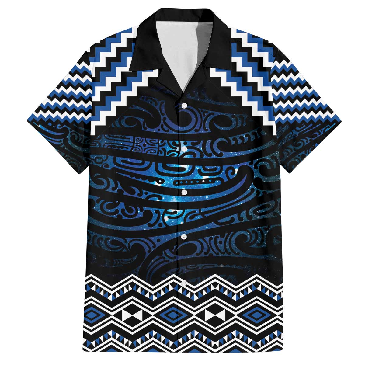 New Zealand Matariki Family Matching Off The Shoulder Long Sleeve Dress and Hawaiian Shirt Galaxy Styled Taniko LT7 Dad's Shirt - Short Sleeve Blue - Polynesian Pride
