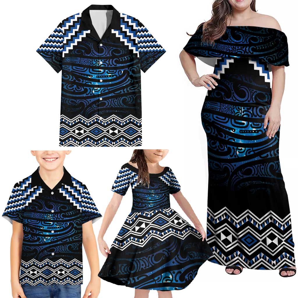 New Zealand Matariki Family Matching Off Shoulder Maxi Dress and Hawaiian Shirt Galaxy Styled Taniko LT7 - Polynesian Pride