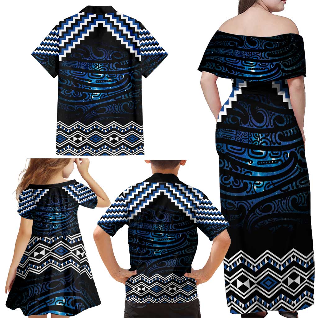 New Zealand Matariki Family Matching Off Shoulder Maxi Dress and Hawaiian Shirt Galaxy Styled Taniko LT7 - Polynesian Pride