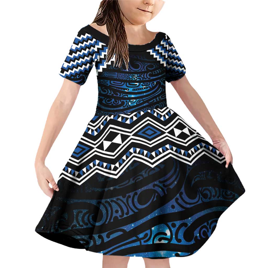 New Zealand Matariki Family Matching Off Shoulder Short Dress and Hawaiian Shirt Galaxy Styled Taniko LT7 Daughter's Dress Blue - Polynesian Pride