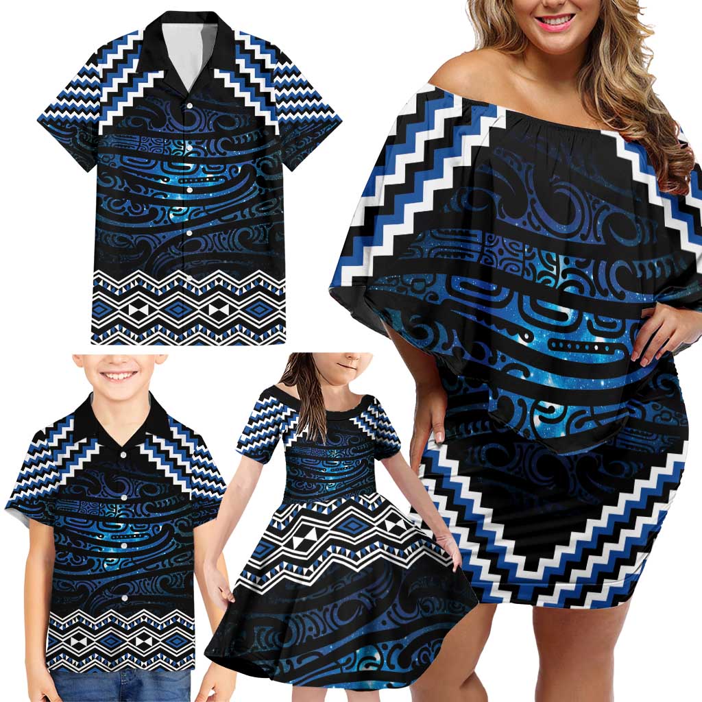 New Zealand Matariki Family Matching Off Shoulder Short Dress and Hawaiian Shirt Galaxy Styled Taniko LT7 - Polynesian Pride