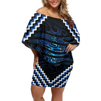 New Zealand Matariki Family Matching Off Shoulder Short Dress and Hawaiian Shirt Galaxy Styled Taniko LT7 Mom's Dress Blue - Polynesian Pride
