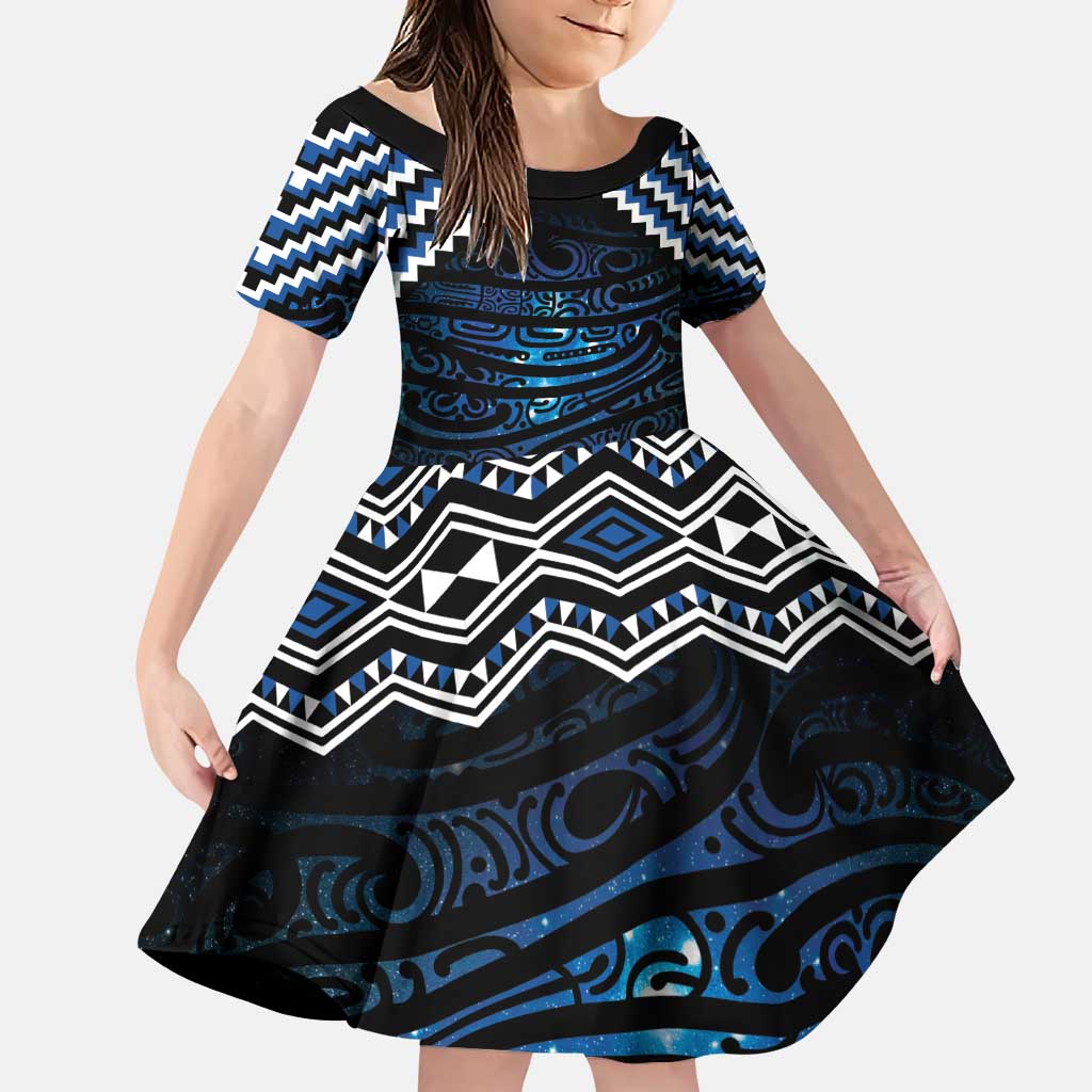 New Zealand Matariki Family Matching Puletasi and Hawaiian Shirt Galaxy Styled Taniko LT7 Daughter's Dress Blue - Polynesian Pride