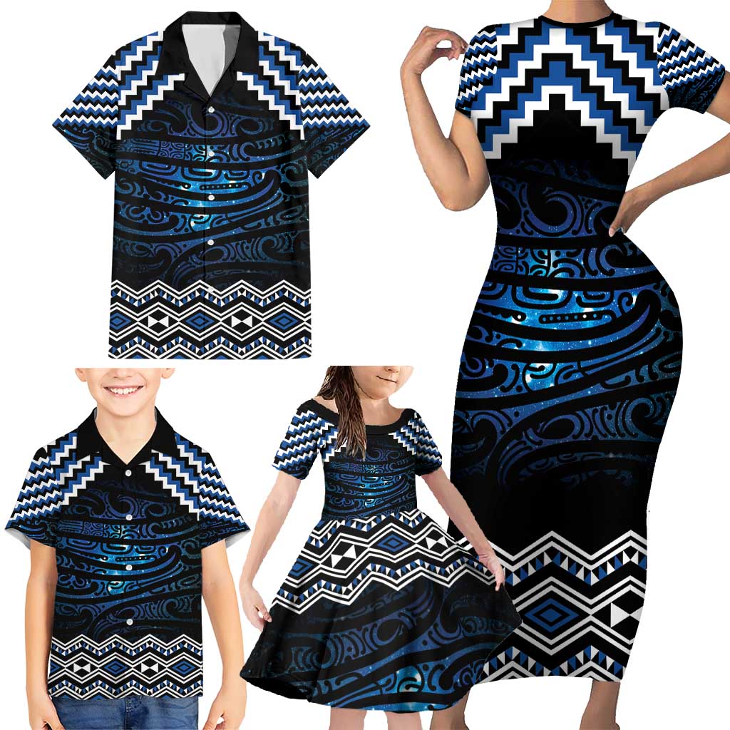New Zealand Matariki Family Matching Short Sleeve Bodycon Dress and Hawaiian Shirt Galaxy Styled Taniko LT7 - Polynesian Pride