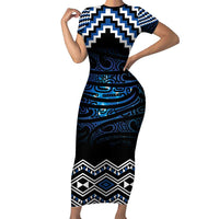New Zealand Matariki Family Matching Short Sleeve Bodycon Dress and Hawaiian Shirt Galaxy Styled Taniko LT7 Mom's Dress Blue - Polynesian Pride
