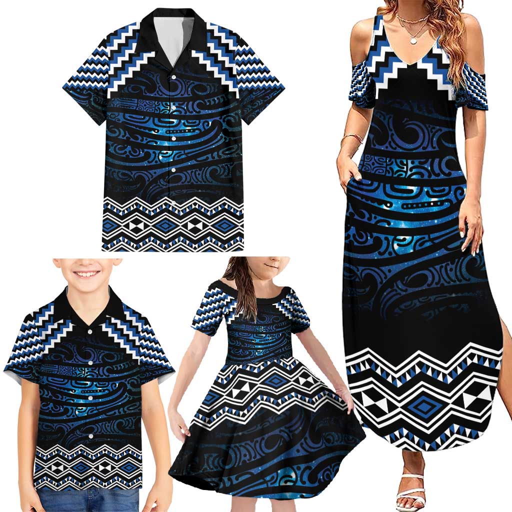 New Zealand Matariki Family Matching Summer Maxi Dress and Hawaiian Shirt Galaxy Styled Taniko LT7 - Polynesian Pride